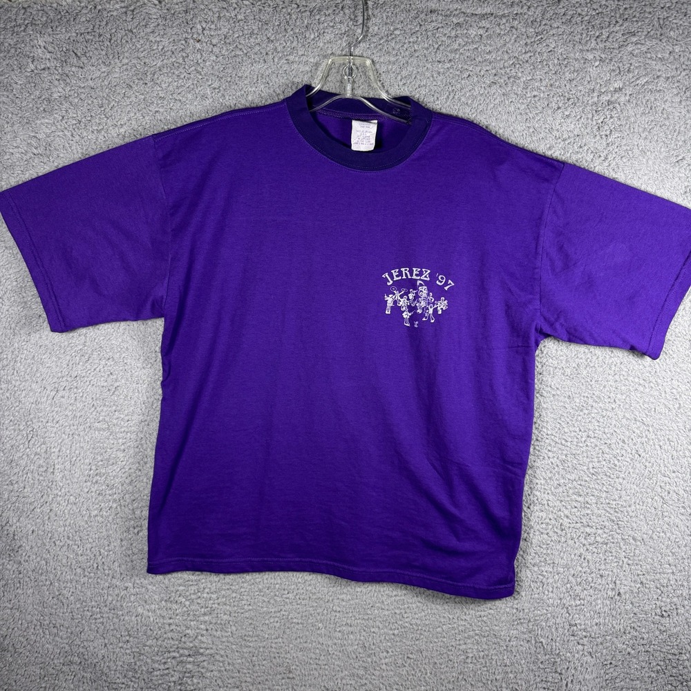 Vintage 1997 Jerez Graphic T-Shirt Mens Purple Cotton Single Stitch Made in USA